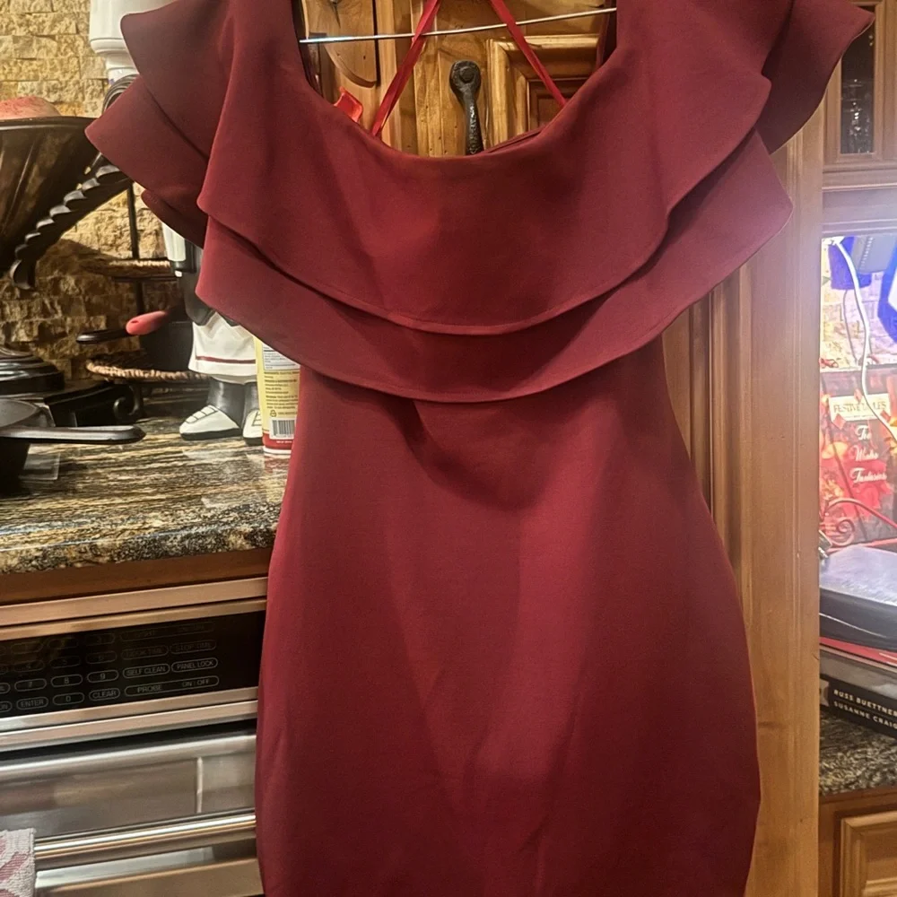 by the way. Off-Shoulder Burgundy Mini Dress worn once! - Picture 3 of 4